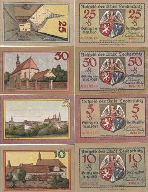 Image du vendeur pour 4 farbige Notgeld-Scheine der Stadt Leobschtz ber 5, 10, 25 und 50 Pf. mis en vente par Antiquariat Heinz Tessin