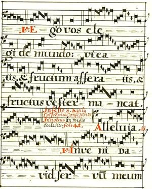 Beidseitig beschriebene Notenhandschrift aus einem lateinischen Gesangbuch. In einfachem, verglas...