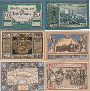 3 farbige Gutscheine über 10, 25 und 50 Pfennig.