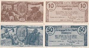 Kriegsgeld der Stadt Saulgau. 2 Geldscheine über 10 und 50 Pfennig.