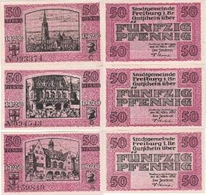 Stadtgemeinde Freiburg i.Br. 3 Farbige Gutscheine über je 50 Pfennig.