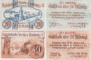 2 farbige Gutscheine des Hafenbetriebs-Verein in Hamburg e.V. über 20 und 30 Pfennig.