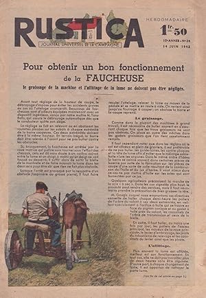 Image du vendeur pour Pour obtenir un bon fonctionnement de la faucheuse - Rustica, journal universel de la campagne n 24 - 14 juin 1942 mis en vente par Pare Yannick