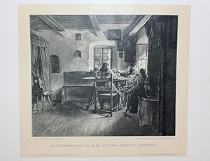 Bild des Verk�ufers f�r "Bauernm�dchen, Blumen aus dem Fenster reichend" originaler Holzstich ca.20x24cm (Darstellung/Image size) nach Waldm�ller auf Kunstdruck-Karton (28x38cm) zum Verkauf von Kunsthandel & Antiquariat Magister Ru�