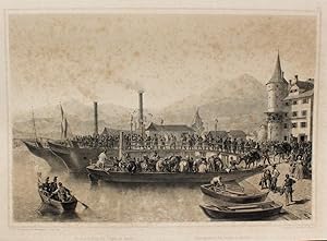 Immagine del venditore per "Die Einschiffung der Truppen zu Luzern den 14. August 1861" originale Kreide-Lithographie �ber Tonplatte ca.27x40cm (Darstellung/image size) auf Karton (32x44cm) im Stein signiert; von Julius Adam nach einer Zeichnung von Eugen Adam; venduto da Kunsthandel & Antiquariat Magister Ru�