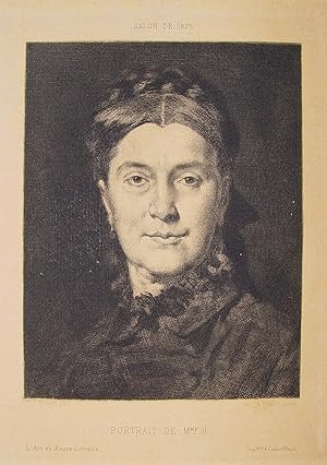 Bild des Verk�ufers f�r "Portrait de Mmme. H." originale Mezzotinto-Radierung ca.cm (15x11,5cm) Darstellung/image size) auf B�ttenkarton/strong paper (27x19cm) von Gilbert nach einem Gem�lde von Henner; in der Platte typographisch betitelt, bezeichnet und datiert;" zum Verkauf von Kunsthandel & Antiquariat Magister Ru�