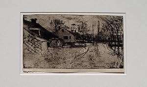 Imagen del vendedor de "Dorfstra�e mit Eisenbahn�berfahrt" originale Radierung �ber Tonplatte ca. 13x24cm (Darstellung/Image size) auf Japan (ca.14x25cm) a la venta por Kunsthandel & Antiquariat Magister Ru�