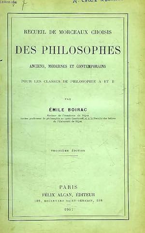 Bild des Verkufers fr RECUEIL DE MORCEAUX CHOISIS DES PHILOSOPHES ANCIENS, MODERNES ET CONTEMPORAINS, POUR LES CLASSES DE PHILOSOPHIE A ET B zum Verkauf von Le-Livre