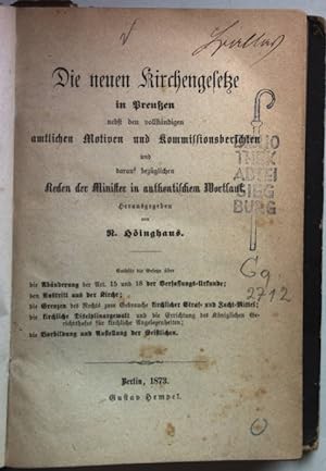 Bild des Verkufers fr Die neuen Kirchengesetze in Preuen (3 Teile in einem Band) - von 1873 bis 1875. zum Verkauf von books4less (Versandantiquariat Petra Gros GmbH & Co. KG)