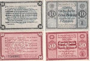 2 farbige Gutscheine über 10 und 50 Pfennig.