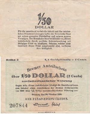 Image du vendeur pour Bremer Anteilsschein ber 1/50 Dollar (2 Cent) nordamerikanischer Whrung. mis en vente par Antiquariat Heinz Tessin