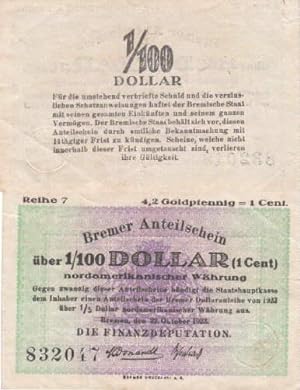 Bild des Verkufers fr Bremer Anteilsschein ber 1/100 Dollar (1 Cent) nordamerikanischer Whrung. zum Verkauf von Antiquariat Heinz Tessin