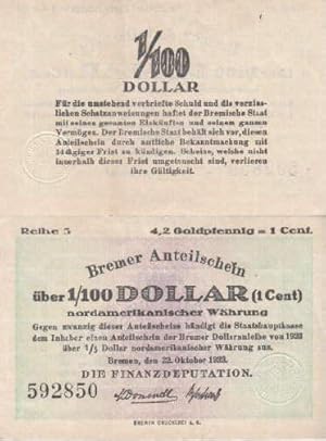 Bild des Verkufers fr Bremer Anteilsschein ber 1/100 Dollar (1 Cent) nordamerikanischer Whrung. zum Verkauf von Antiquariat Heinz Tessin