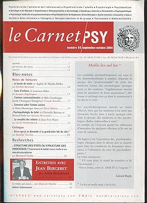 Bild des Verkufers fr Le Carnet PSY n93, septembre-octobre 2004 - Entretien avec Jean Bergeret zum Verkauf von LibrairieLaLettre2
