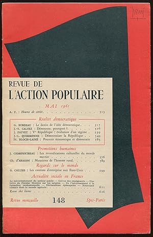 Imagen del vendedor de Revue de l'Action Populaire n148 Mai 1961 - Ralit dmocratique. Promotions humaines. Regards sur le monde. Actualit sociale en France a la venta por LibrairieLaLettre2