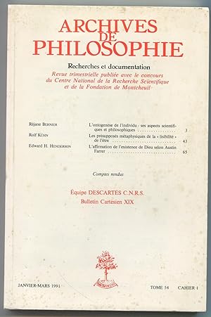 Imagen del vendedor de Archives de philosophie Tome 54, cahier 1, janvier-mars 1991 - Equipe Descartes C.N.R.S. Bulletin Cartsien XIX a la venta por LibrairieLaLettre2