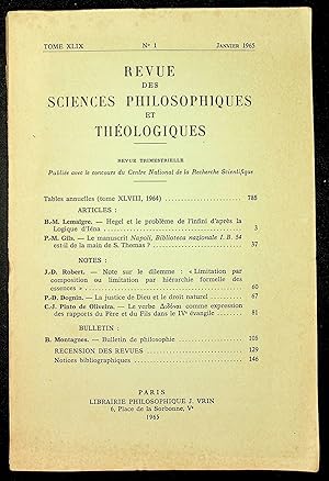 Bild des Verkufers fr Revue des sciences philosophiques et thologiques Tome XLIX n1 janvier 1965 zum Verkauf von LibrairieLaLettre2