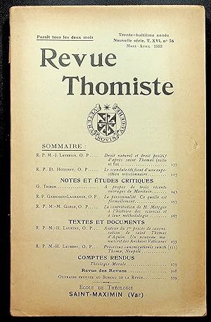 Image du vendeur pour Revue Thomiste 38me anne Nouvelle srie Tome XVI n76 mars-avril 1933 mis en vente par LibrairieLaLettre2