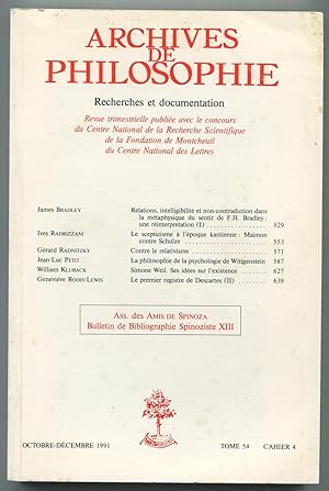 Bild des Verkufers fr Archives de philosophie Tome 54, cahier 4, octobre-dcembre 1991 - Ass. des Amis de Spinoza Bulletin de Bibliographie Spinoziste XIII zum Verkauf von LibrairieLaLettre2