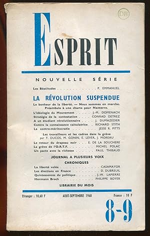 Imagen del vendedor de Esprit nouvelle srie n373, Aot-Septembre 1968 - La rvolution suspendue a la venta por LibrairieLaLettre2