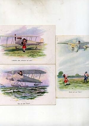 3 verschiedene Humorpostkarten zur Fliegerei im 1. Weltkrieg.