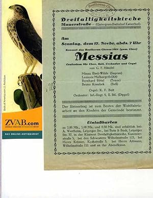 Programmzettel zur Aufführung des " Messias ". Oratorium für Chor, Soli, Orchester und Orgel von ...