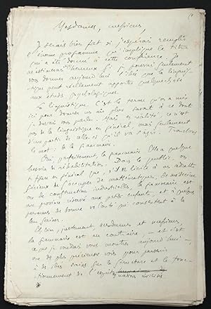 [Manuscrit autographe inédit] "Psychologie et linguistique", conférence donnée à Caen le 11 févri...