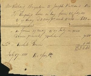 Imagen del vendedor de To keeping home on hay from 28 Feby 1811 to 19 May @ 2 days per week 11 wks.$22.00; " so from 19 May to 17 July on gram @ 1 hour per week of 1/2 weeks.7.50, March 1st, 1811 " Bushel grain.$1.16, total $30.66" a la venta por OLD WORKING BOOKS & Bindery (Est. 1994)