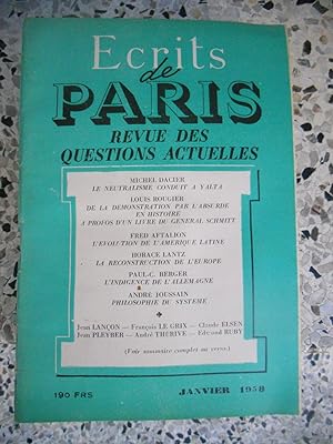 Bild des Verkufers fr Ecrits de Paris - Revue des questions actuelles - N. 156 - Janvier 1958 zum Verkauf von Frederic Delbos
