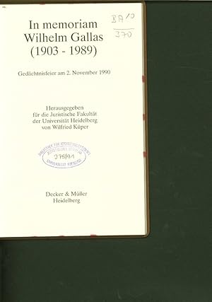 Imagen del vendedor de In memoriam Wilhelm Gallas (1903 - 1989). Gedchtnisfeier am 2. November 1990. Heidelberger Forum, Nr. 74. a la venta por Antiquariat Bookfarm