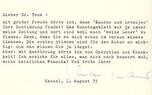 Maschinengeschriebene Postkarte mit eigenhändiger Unterschrift. Kassel, 1. August 75.