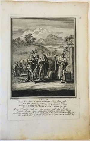 Seller image for 2. Knige 3 - Drei Knige bitten Elisa um ein Gebt fr den Sieg. Kupferstich v. Christoph Weigel nach Jan Luyken aus: Historiae celebriores Veteris (et Novi) Testamenti iconibus . for sale by Antiquariat Bcheretage