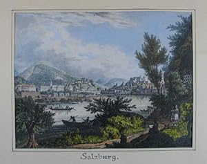 Salzburg von Westen. Altkolorierte Lithographie bei Oberer, Salzburg um 1837, 11,5 x 15 cm