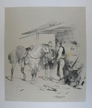 Das kranke Pferd. Getönte Lithographie aus "Album der Künstler Wien's in eigenhändigen Zeichnunge...