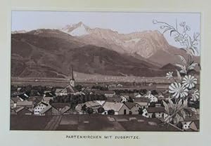 Bild des Verkufers fr Partenkirchen mit Zugspitze. Zweifarbige Zinkographie. Mnchen, Wenng & Wild um 1890, 9,5 x 14,5 cm zum Verkauf von Antiquariat Johannes Mller