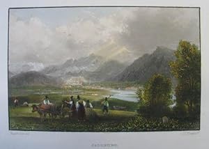 Bild des Verkufers fr Salzburg. Kolorierter Stahlstich v. Hinchliff n. R. Alt aus Duller "Die malerischen und romantischen Donaulnder" Leipzig 1838-40, 10,5 x 16 cm zum Verkauf von Antiquariat Johannes Mller