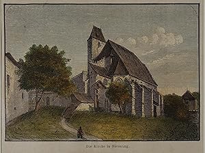 Die Kirche in Sievering. Kolorierter Holzstich 1883, 8,5 x 12 cm