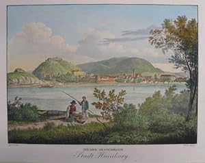 Stadt Hainburg. Kolorierte Lithographie v. Kunike nach J. Alt aus "Donau-Ansichten" Wien 1826, 25...