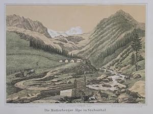 Bild des Verkufers fr Die Mutterberger Alpe im Stubaithal. Getnte Lithographie n. A. Ziegler aus Amthor "Der Alpenfreund" Gera 1873, 12 x 17 cm zum Verkauf von Antiquariat Johannes Mller