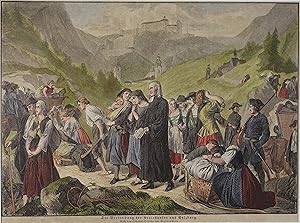 Die Vertreibung der Protestanten aus Salzburg. Kolorierter Holzstich n. Martersteig 1863, 19 x 26...