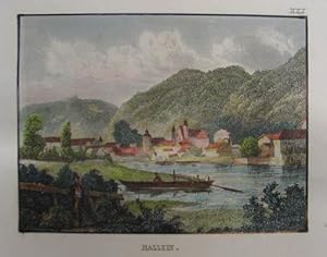 Hallein. Kolorierter Stahlstich aus Schmidl "Handbuch für Reisende" Stuttgart 1840, 7,5 x 10 cm