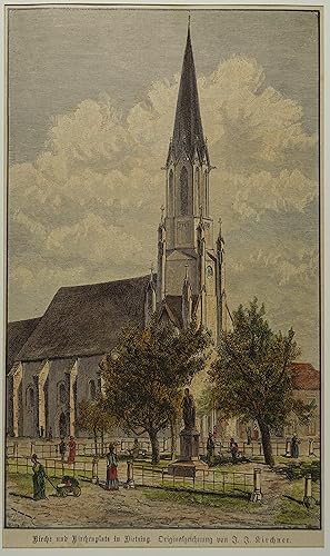 Kirche und Kirchenplatz in Hietzing. Kolorierter Holzstich n. J. J. Kirchner 1878, 22,5 x 13,5 cm