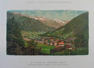 Bild des Verkufers fr St. Anton am Arlberg. 1300 Mt. Chromolithographie aus "Mignon-Gallerie Tiroler Landschaften" Meran, F. A. C. M. Reisch um 1898, 7,5 x 13,5 cm zum Verkauf von Antiquariat Johannes Mller