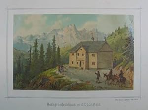 Imagen del vendedor de Hochgrndeckhaus m. d. Dachstein. Chromolithographie aus Gerasch "Die sterreichische Gebirgswelt" Graz 1887-94, 9,5 x 16 cm a la venta por Antiquariat Johannes Mller