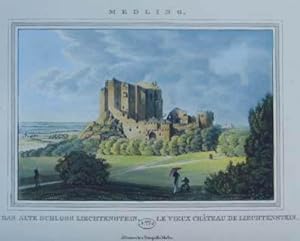 Medling. Das alte Schloss Liechtenstein. Altkolorierter Kupferstich aus Tranquillo Mollo "Wiens U...