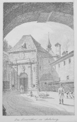 Das Linzerthor in Salzburg. Lithographie von Friedrich Loos aus "Die zwölf Stadt-Thore Salzburgs ...