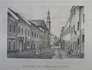 Bild des Verkufers fr Ansicht der untern Mittergasse in Leoben. Lithographie v. B. Lampel aus J. Graf "Historisch-topographische Nachrichten ber Leoben und die Umgegend" Graz 1852, 11 x 16 cm zum Verkauf von Antiquariat Johannes Mller