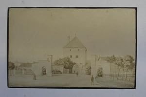 Bild des Verkufers fr (Stadttor). Originalfotografie (Albumin auf Karton) nach einer Zeichnung. Anonym um 1870, 6 x 9,5 cm zum Verkauf von Antiquariat Johannes Mller