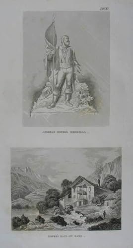 Imagen del vendedor de Hofer`s Haus am Sand. / Andreas Hofer`s Denkmal. 2 Stahlstiche auf 1 Blatt aus A. A. Schmidl "Das Kaiserthum Oesterreich. Erste Abtheilung: Tirol und Vorarlberg". Stuttgart, J. Scheible 1837, 7,5 x 10 cm a la venta por Antiquariat Johannes Mller