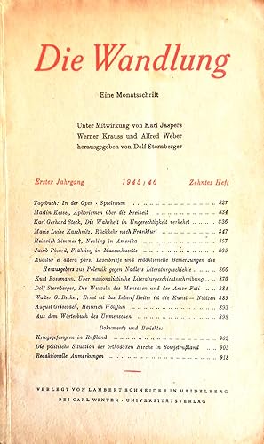 Bild des Verkufers fr Die Wandlung. Eine Monatsschrift. Unter Mitwirkung von Karl Jaspers, Werner Krauss und Alfred Weber herausgegeben von Dolf Sternberger. Erster Jahrgang (1945/46), Heft 10, Oktober 1946. zum Verkauf von Versandantiquariat Ruland & Raetzer